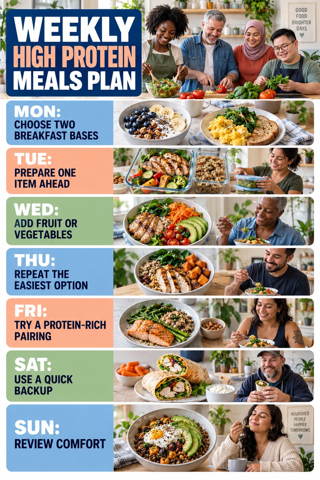 Weekly High Protein Meals plan graphic with concise Monday-to-Sunday actions and flexible recovery guidance.