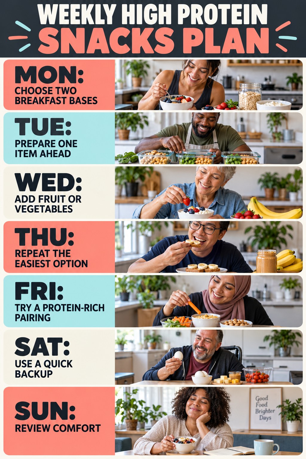 Weekly High Protein Snacks plan graphic with concise Monday-to-Sunday actions and flexible recovery guidance.