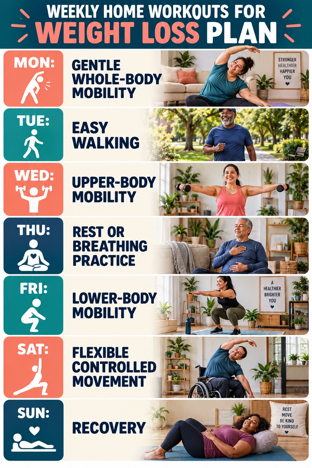 Weekly Home Workouts for Weight Loss plan graphic with concise Monday-to-Sunday actions and flexible recovery guidance.