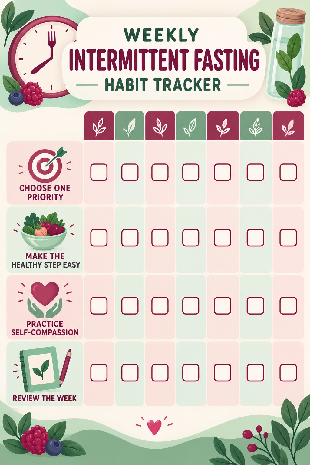 Weekly Intermittent Fasting Habit Tracker infographic with checkboxes for choose one priority, make the healthy step easy, practice self-compassion, review the week.