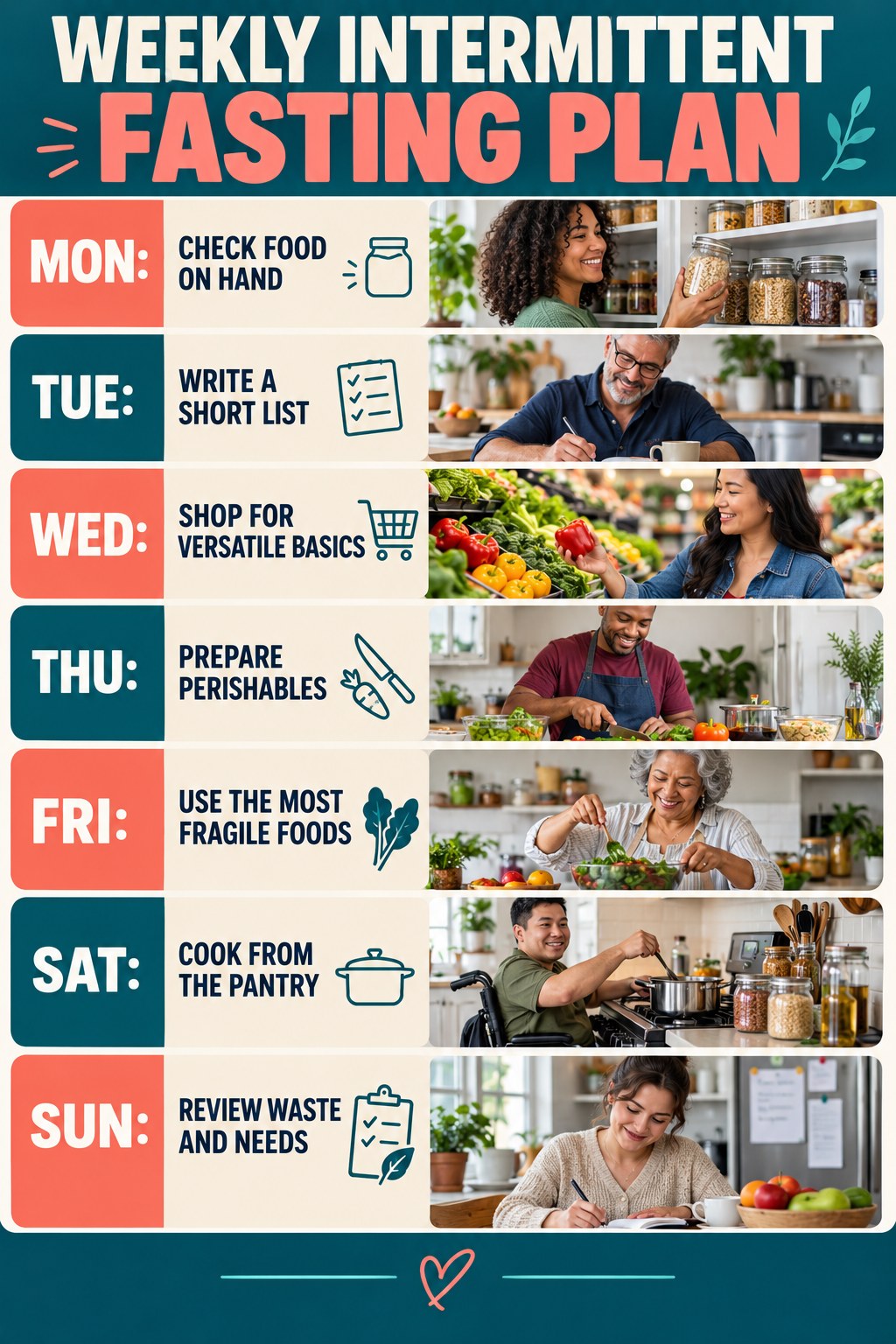 Weekly Intermittent Fasting plan graphic with concise Monday-to-Sunday actions and flexible recovery guidance.