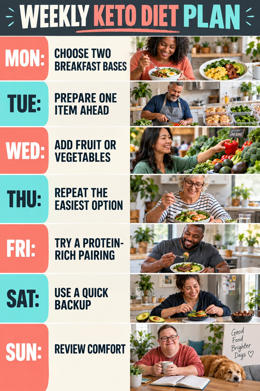 Weekly Keto Diet plan graphic with concise Monday-to-Sunday actions and flexible recovery guidance.