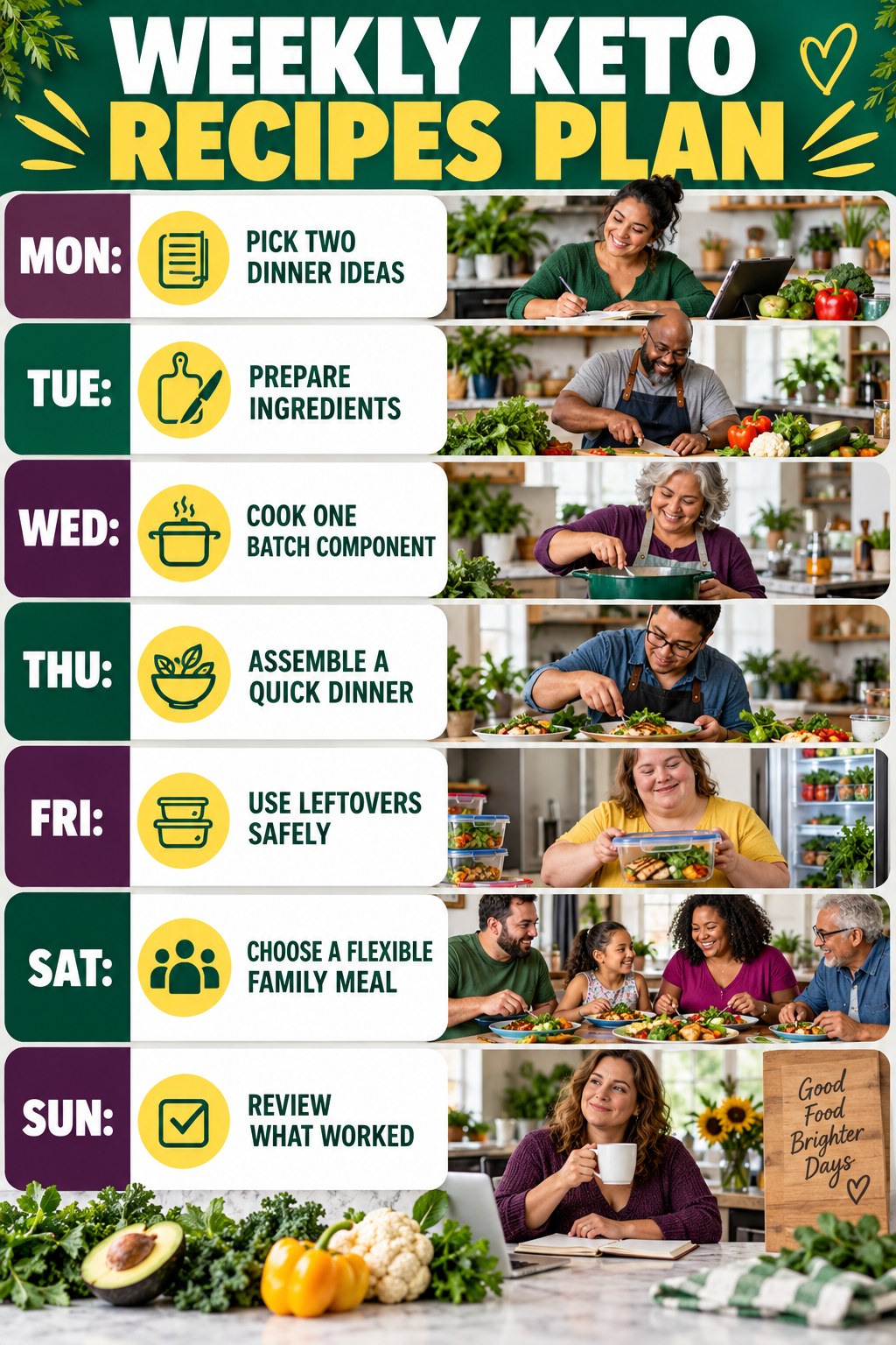 Weekly Keto Recipes plan graphic with concise Monday-to-Sunday actions and flexible recovery guidance.