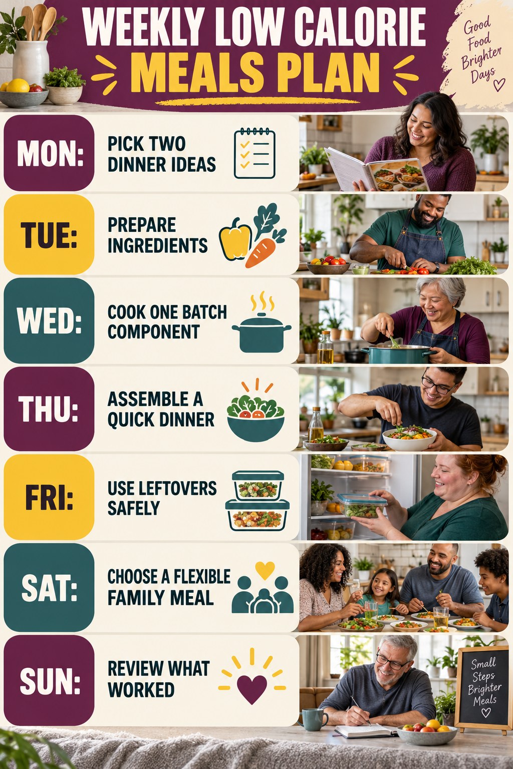 Weekly Low Calorie Meals plan graphic with concise Monday-to-Sunday actions and flexible recovery guidance.
