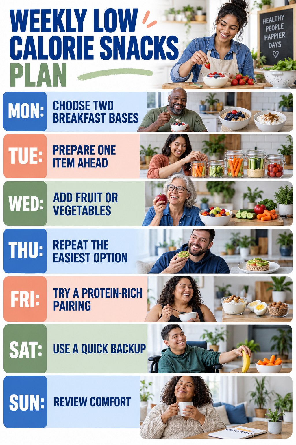 Weekly Low Calorie Snacks plan graphic with concise Monday-to-Sunday actions and flexible recovery guidance.