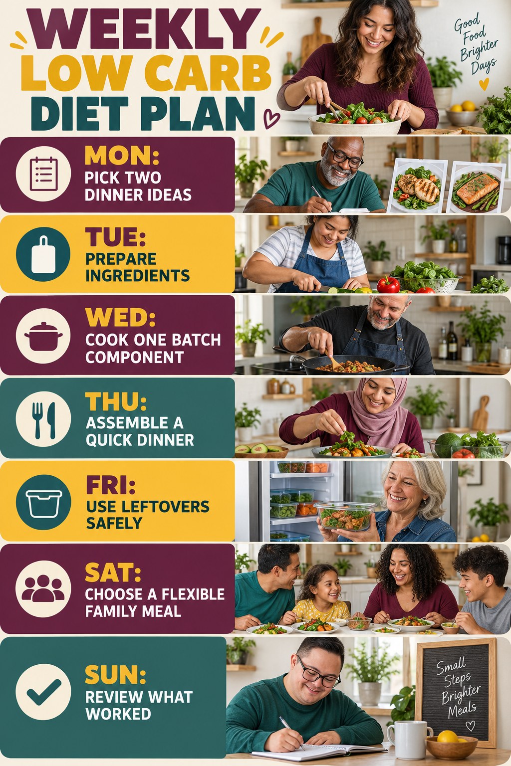 Weekly Low Carb Diet plan graphic with concise Monday-to-Sunday actions and flexible recovery guidance.