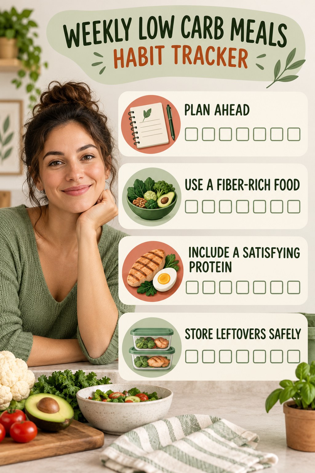 Weekly Low Carb Meals Habit Tracker infographic with checkboxes for plan ahead, use a fiber-rich food, include a satisfying protein, store leftovers safely.