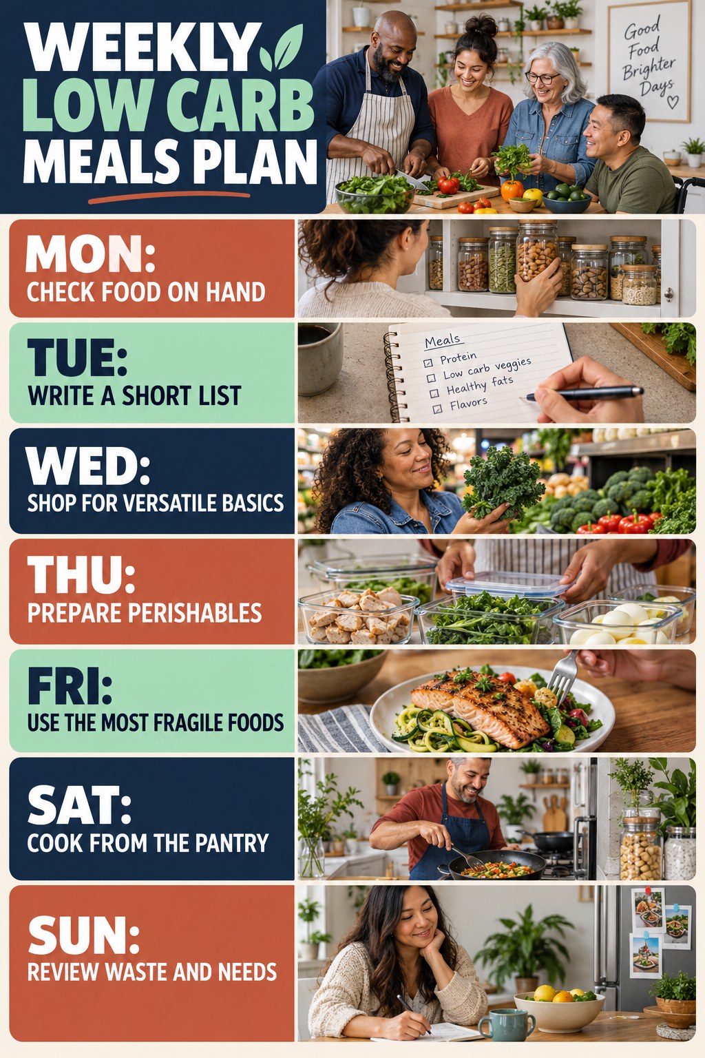 Weekly Low Carb Meals plan graphic with concise Monday-to-Sunday actions and flexible recovery guidance.