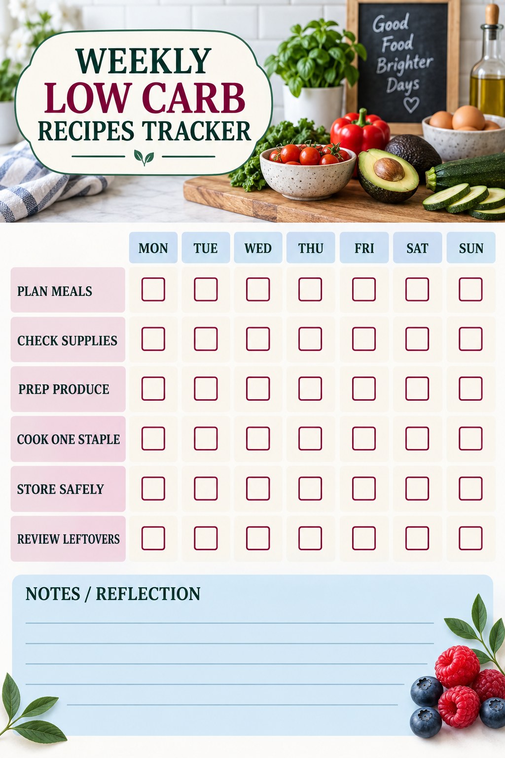 Weekly Low Carb Recipes printable-style tracker graphic with six labeled rows, empty checkboxes, and a reflection area.