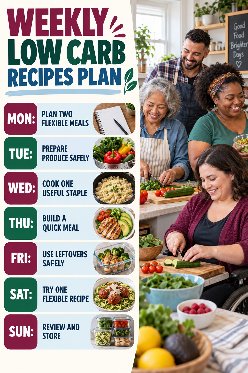 Weekly Low Carb Recipes plan graphic with concise Monday-to-Sunday actions and flexible recovery guidance.