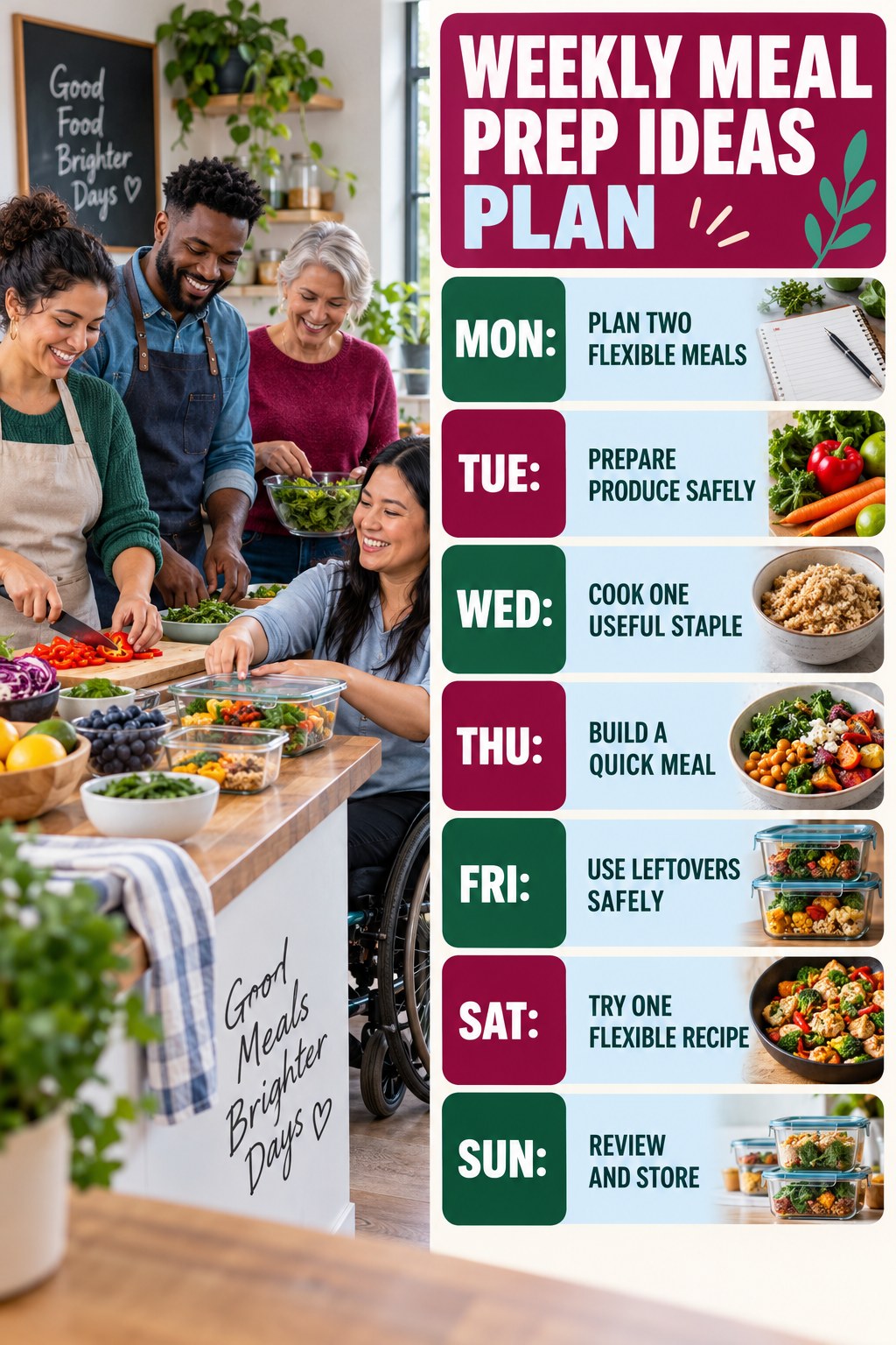 Weekly Meal Prep Ideas plan graphic with concise Monday-to-Sunday actions and flexible recovery guidance.