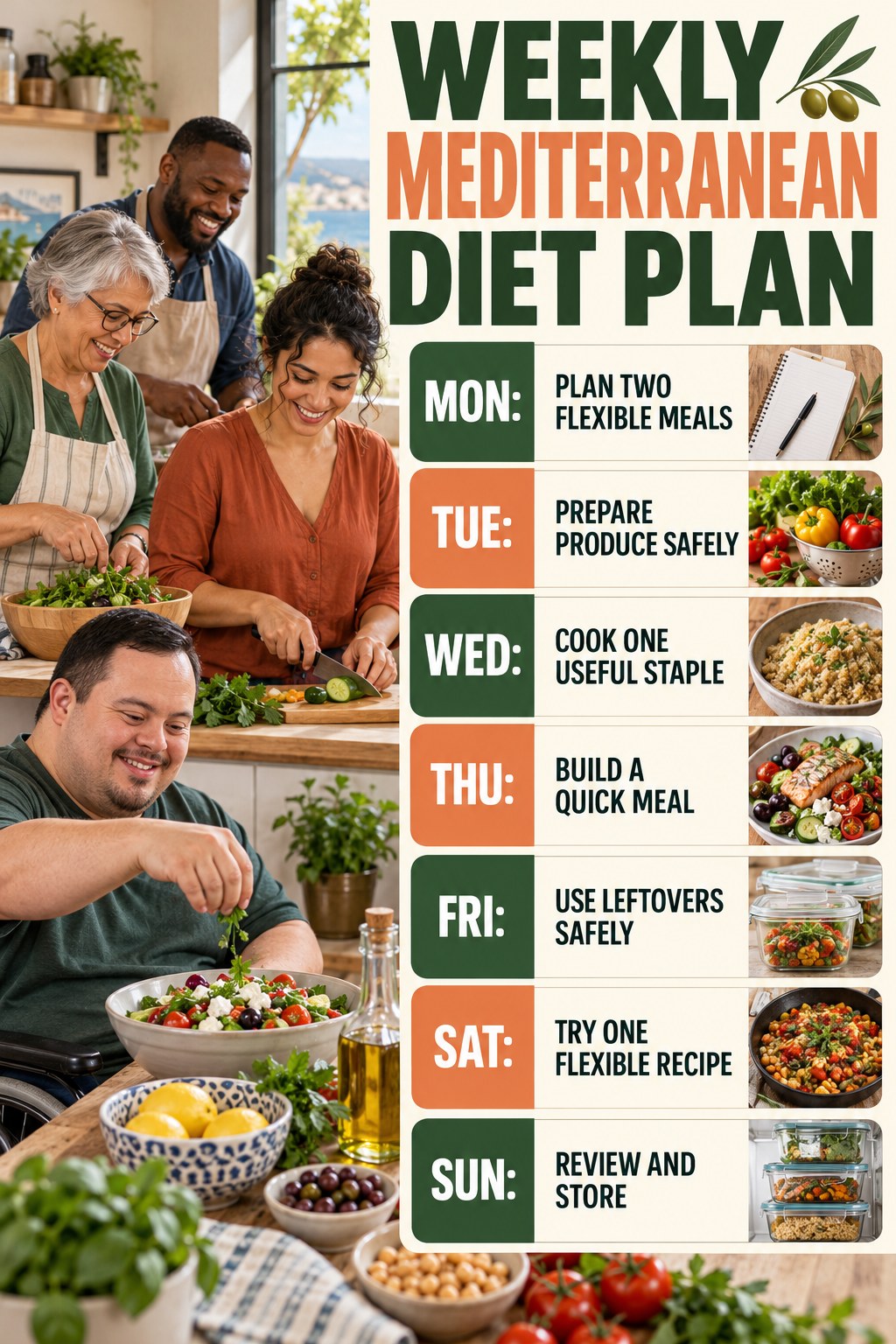 Weekly Mediterranean Diet plan graphic with concise Monday-to-Sunday actions and flexible recovery guidance.