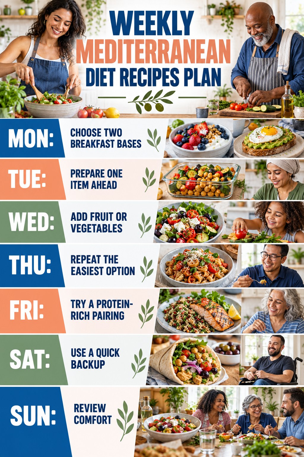 Weekly Mediterranean Diet Recipes plan graphic with concise Monday-to-Sunday actions and flexible recovery guidance.