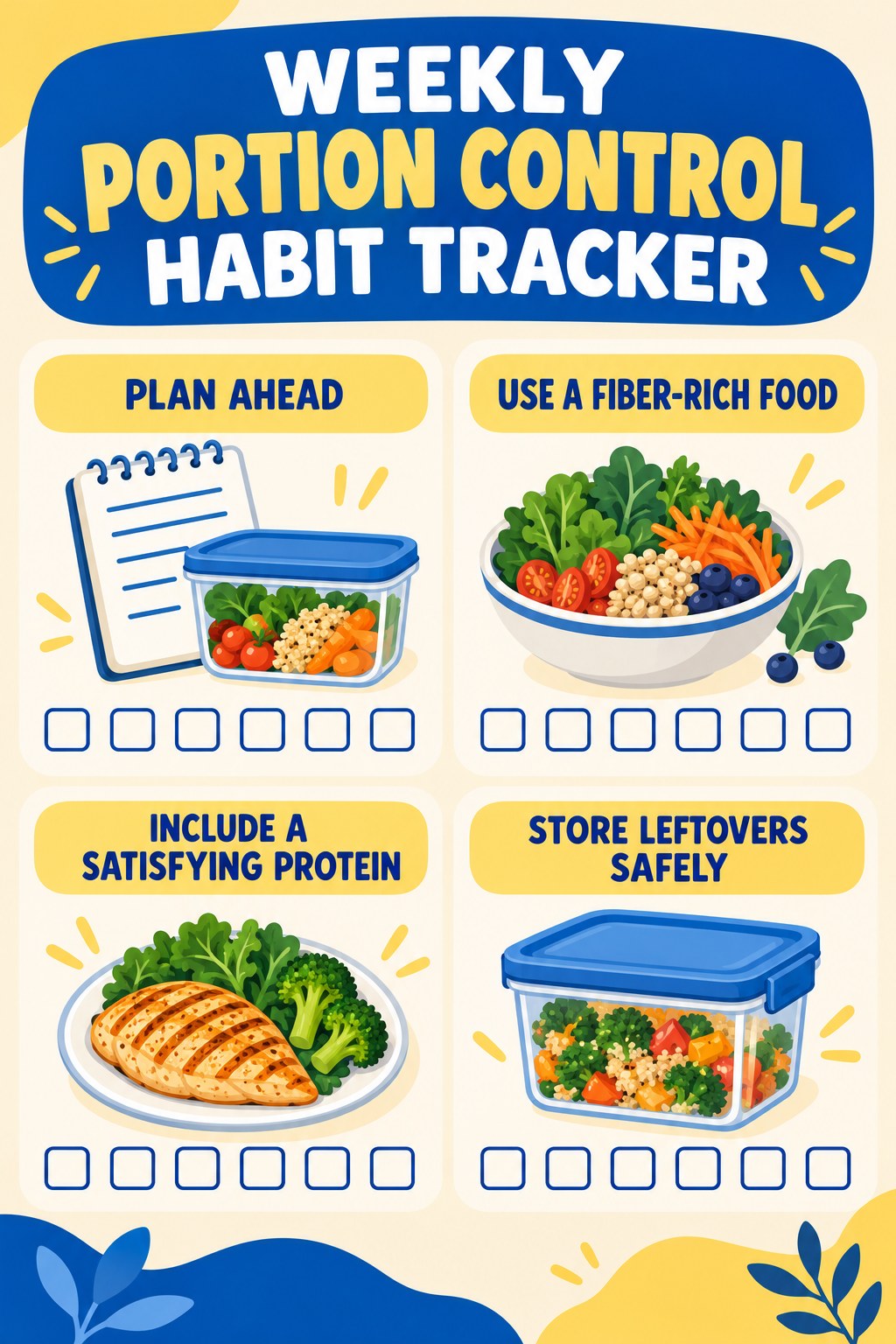 Weekly Portion Control Habit Tracker infographic with checkboxes for plan ahead, use a fiber-rich food, include a satisfying protein, store leftovers safely.