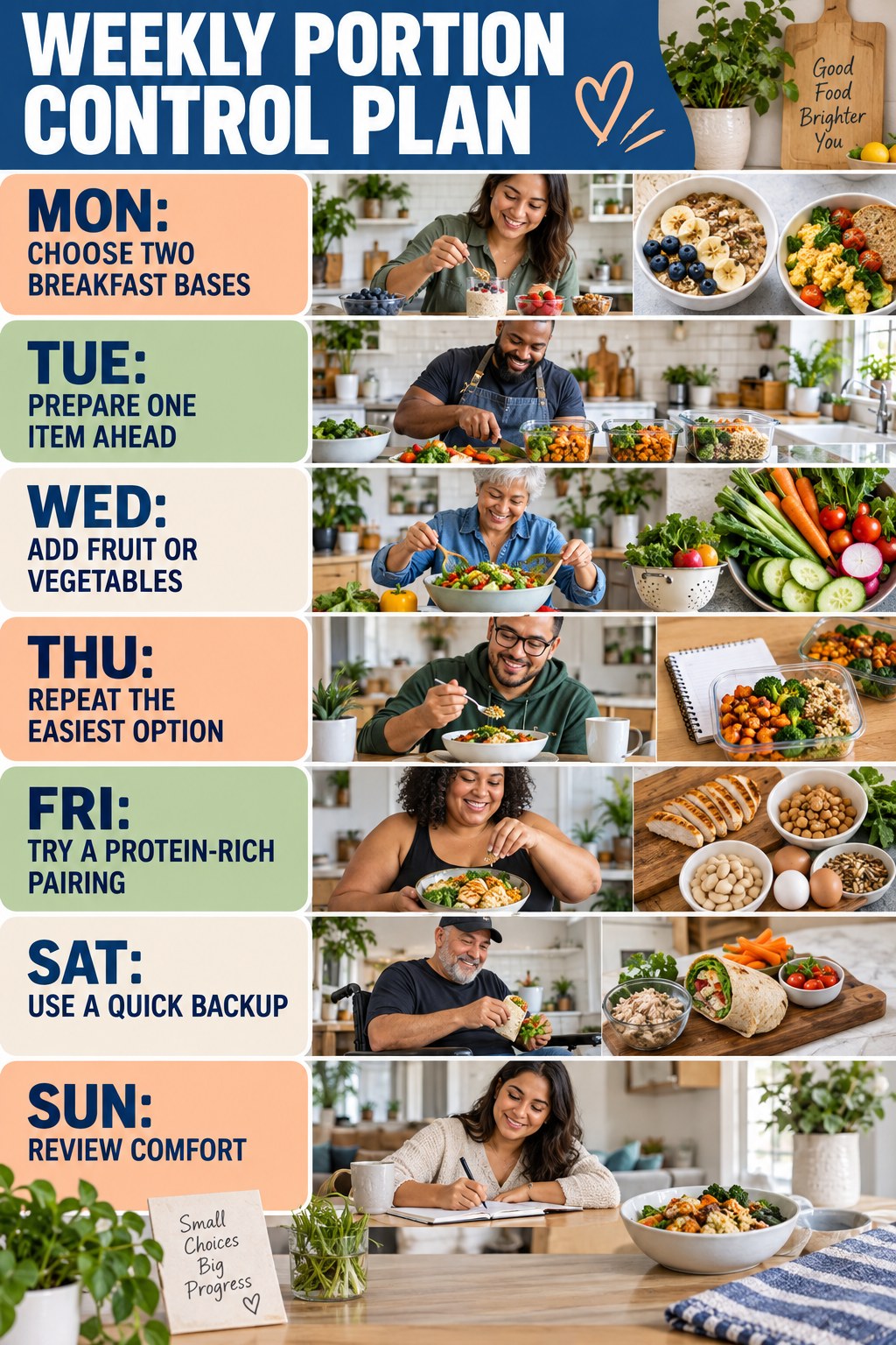 Weekly Portion Control plan graphic with concise Monday-to-Sunday actions and flexible recovery guidance.