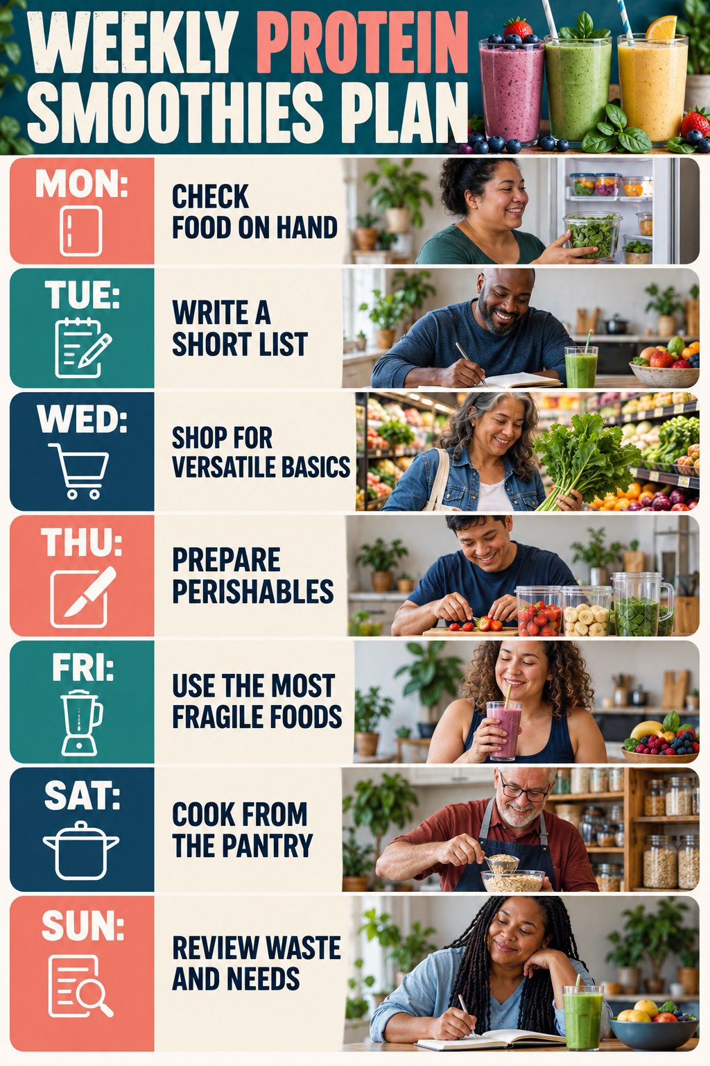 Weekly Protein Smoothies plan graphic with concise Monday-to-Sunday actions and flexible recovery guidance.