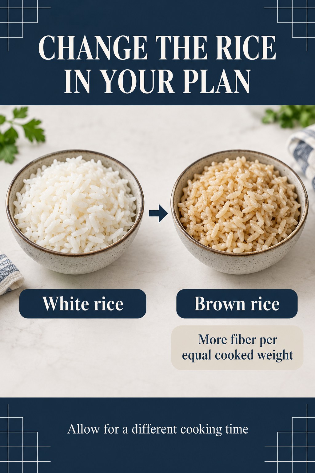 Cooked white rice and brown rice in matching bowls with an equal-cooked-weight fiber comparison.