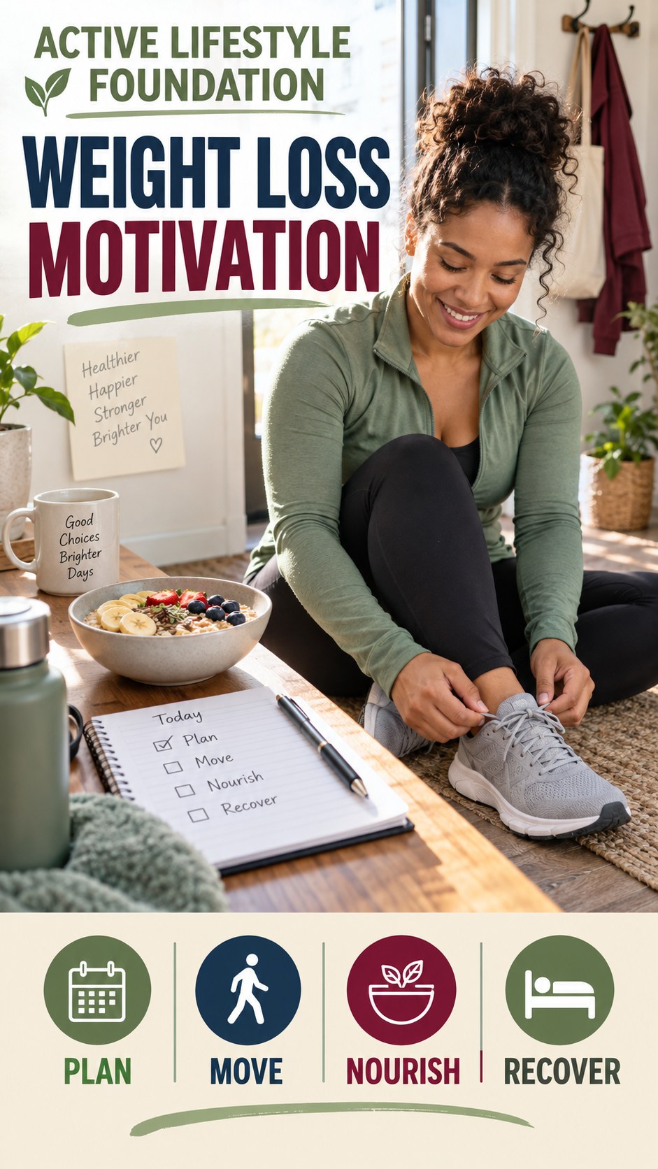 Active Lifestyle Foundation infographic for Weight Loss Motivation, showing practical metabolism-support habits for an active lifestyle.