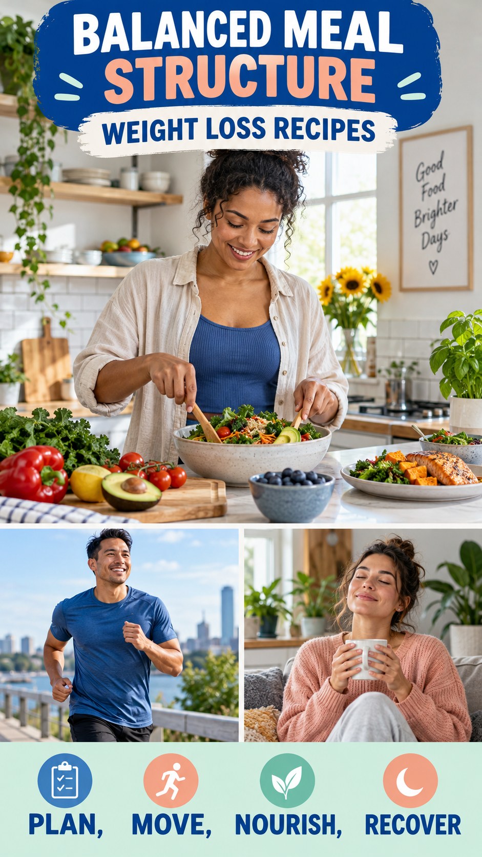 Balanced Meal Structure infographic for Weight Loss Recipes, showing practical metabolism-support habits for an active lifestyle.