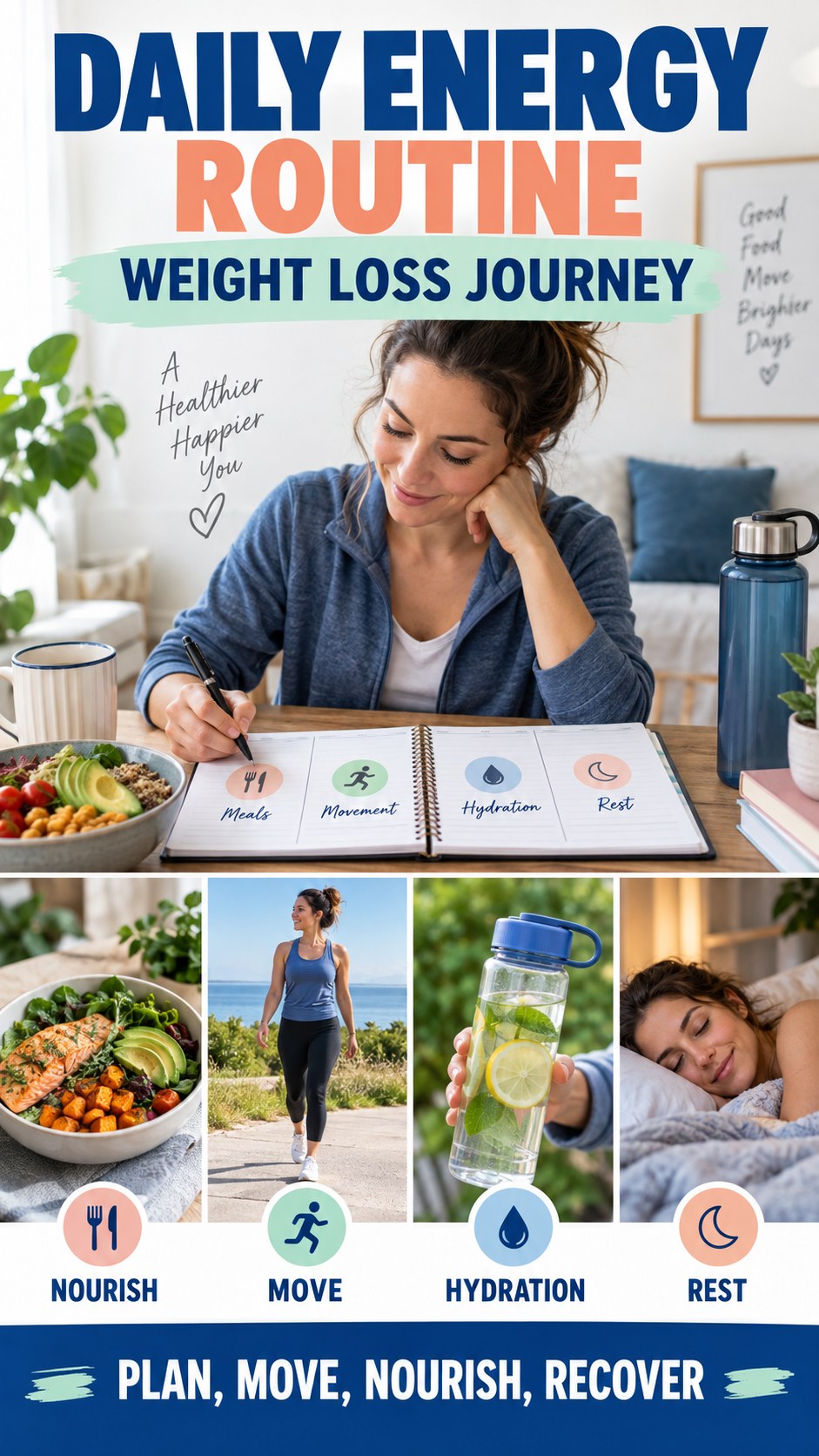Daily Energy Routine infographic for Weight Loss Journey, showing practical metabolism-support habits for an active lifestyle.