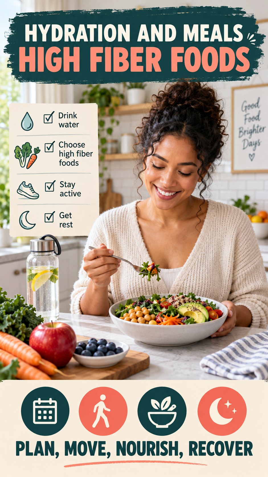 Hydration and Meals infographic for High Fiber Foods, showing practical metabolism-support habits for an active lifestyle.
