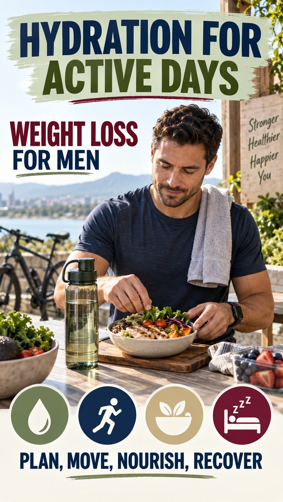 Hydration for Active Days infographic for Weight Loss for Men, showing practical metabolism-support habits for an active lifestyle.