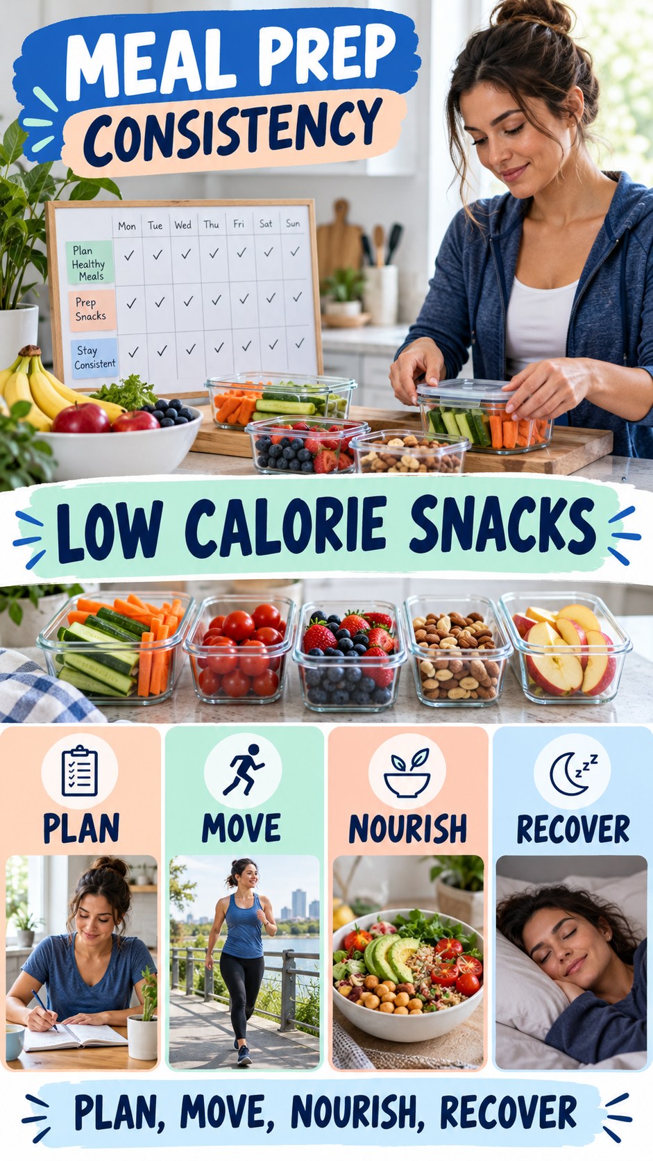 Meal Prep Consistency infographic for Low Calorie Snacks, showing practical metabolism-support habits for an active lifestyle.