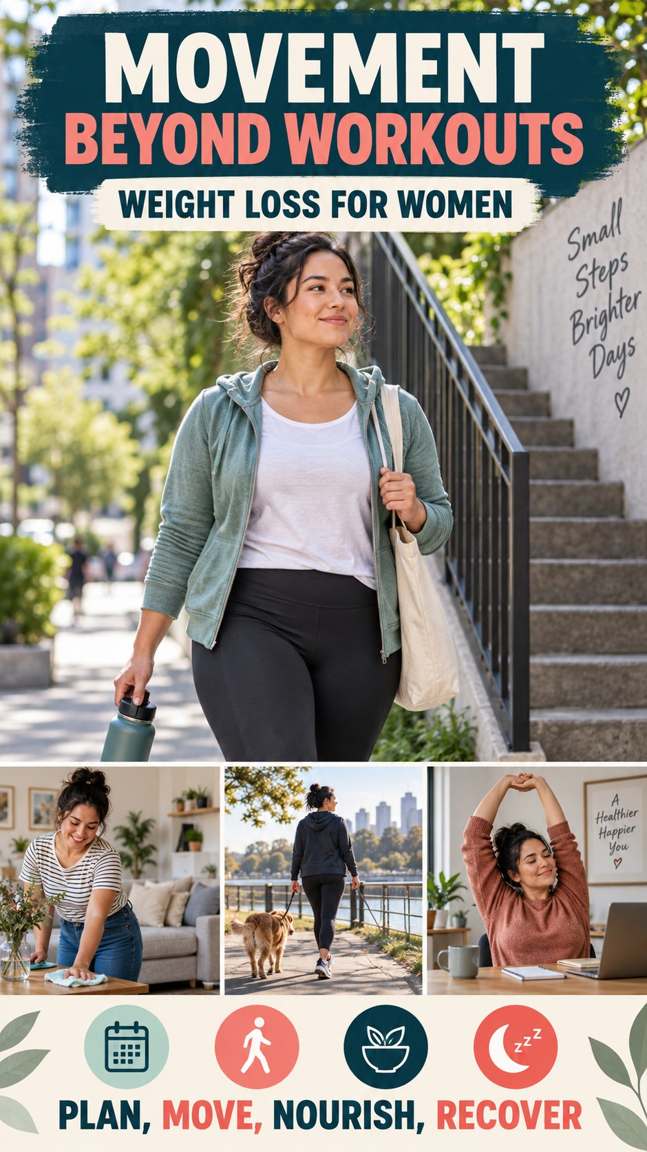 Movement Beyond Workouts infographic for Weight Loss for Women, showing practical metabolism-support habits for an active lifestyle.
