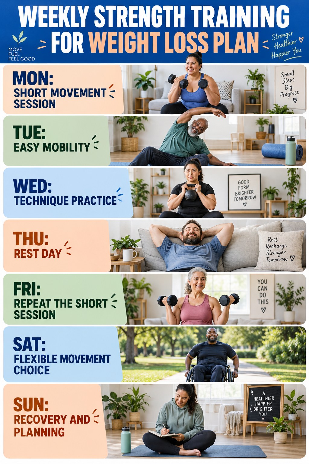 Weekly Strength Training for Weight Loss plan graphic with concise Monday-to-Sunday actions and flexible recovery guidance.