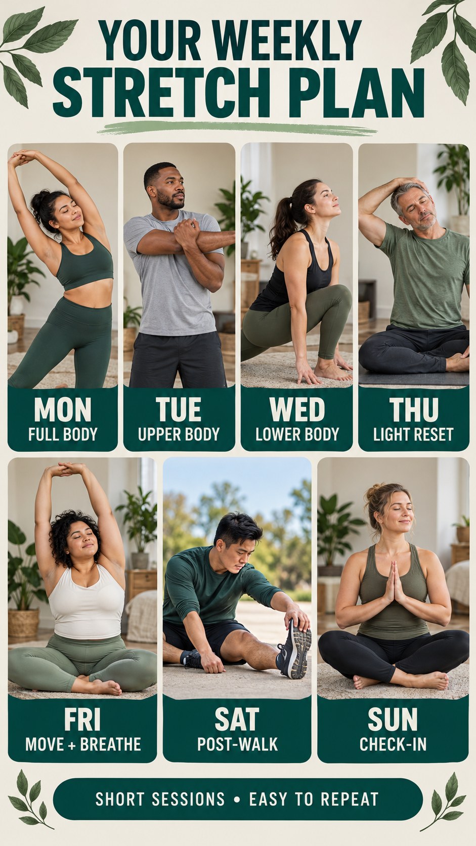 Vertical infographic showing a repeatable seven-day stretching plan with short daily sessions