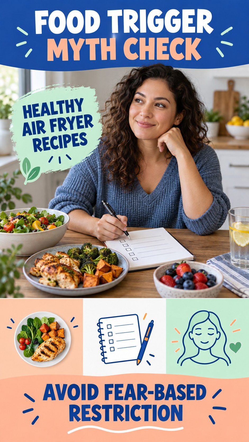 Food Trigger Myth Check infographic for Healthy Air Fryer Recipes, explaining that possible cold-sore triggers vary by person.