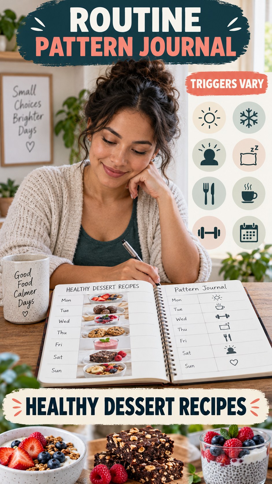 Routine Pattern Journal infographic for Healthy Dessert Recipes, explaining that possible cold-sore triggers vary by person.