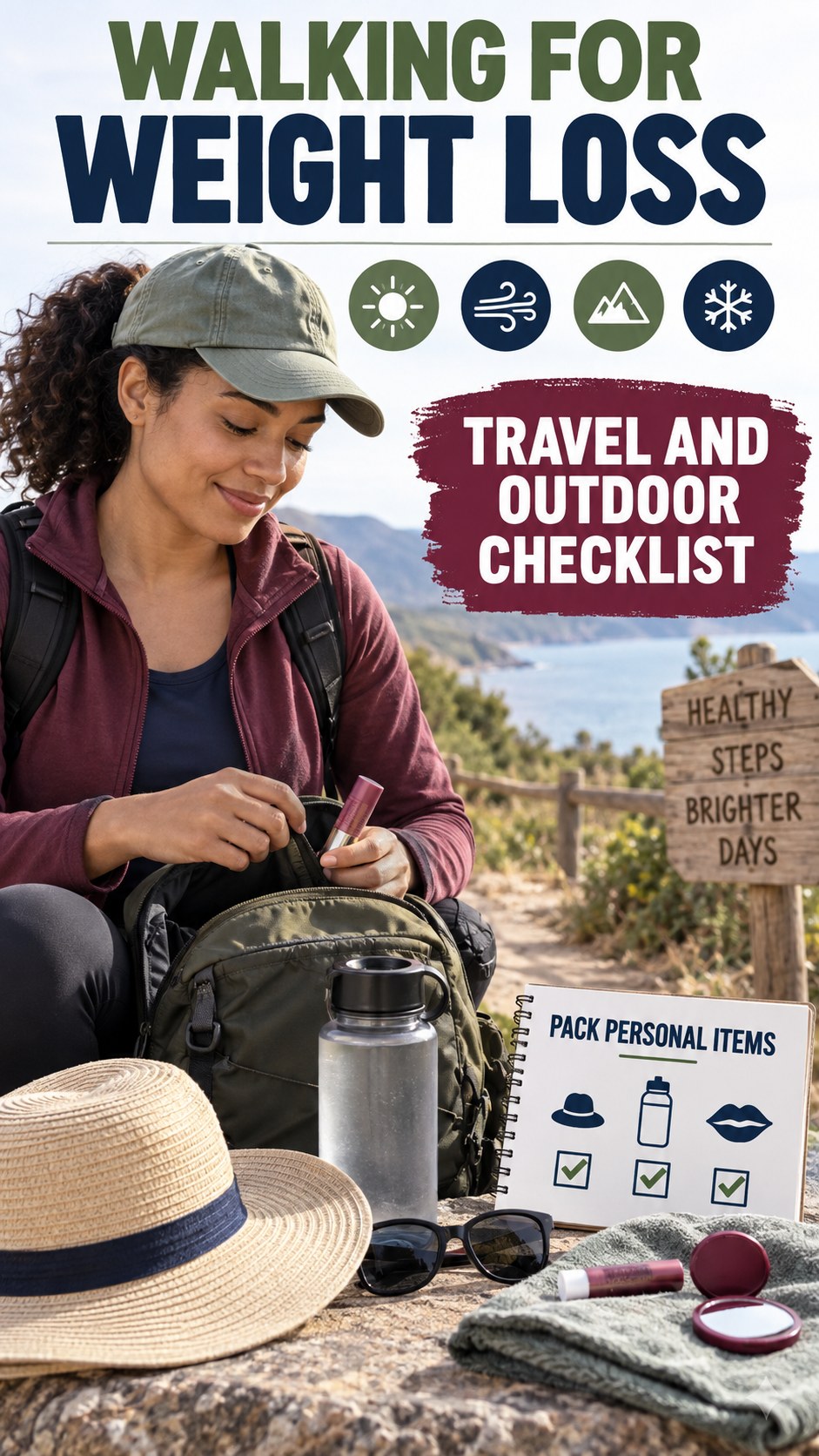 Travel and Outdoor Checklist infographic for Walking for Weight Loss, explaining that possible cold-sore triggers vary by person.