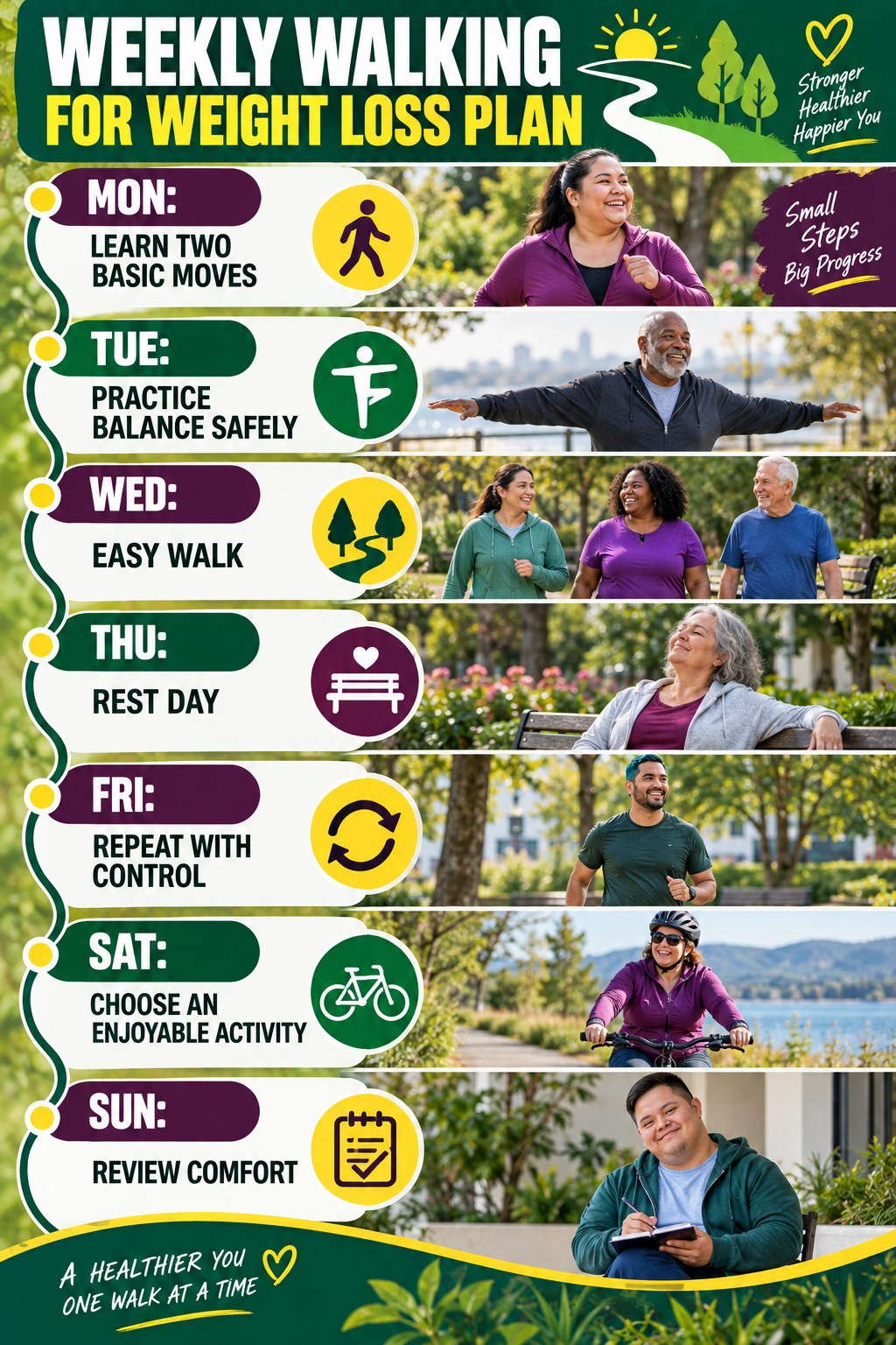 Weekly Walking for Weight Loss plan graphic with concise Monday-to-Sunday actions and flexible recovery guidance.