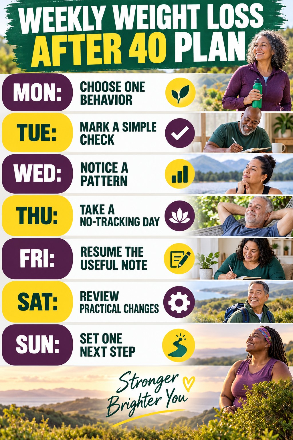 Weekly Weight Loss After 40 plan graphic with concise Monday-to-Sunday actions and flexible recovery guidance.