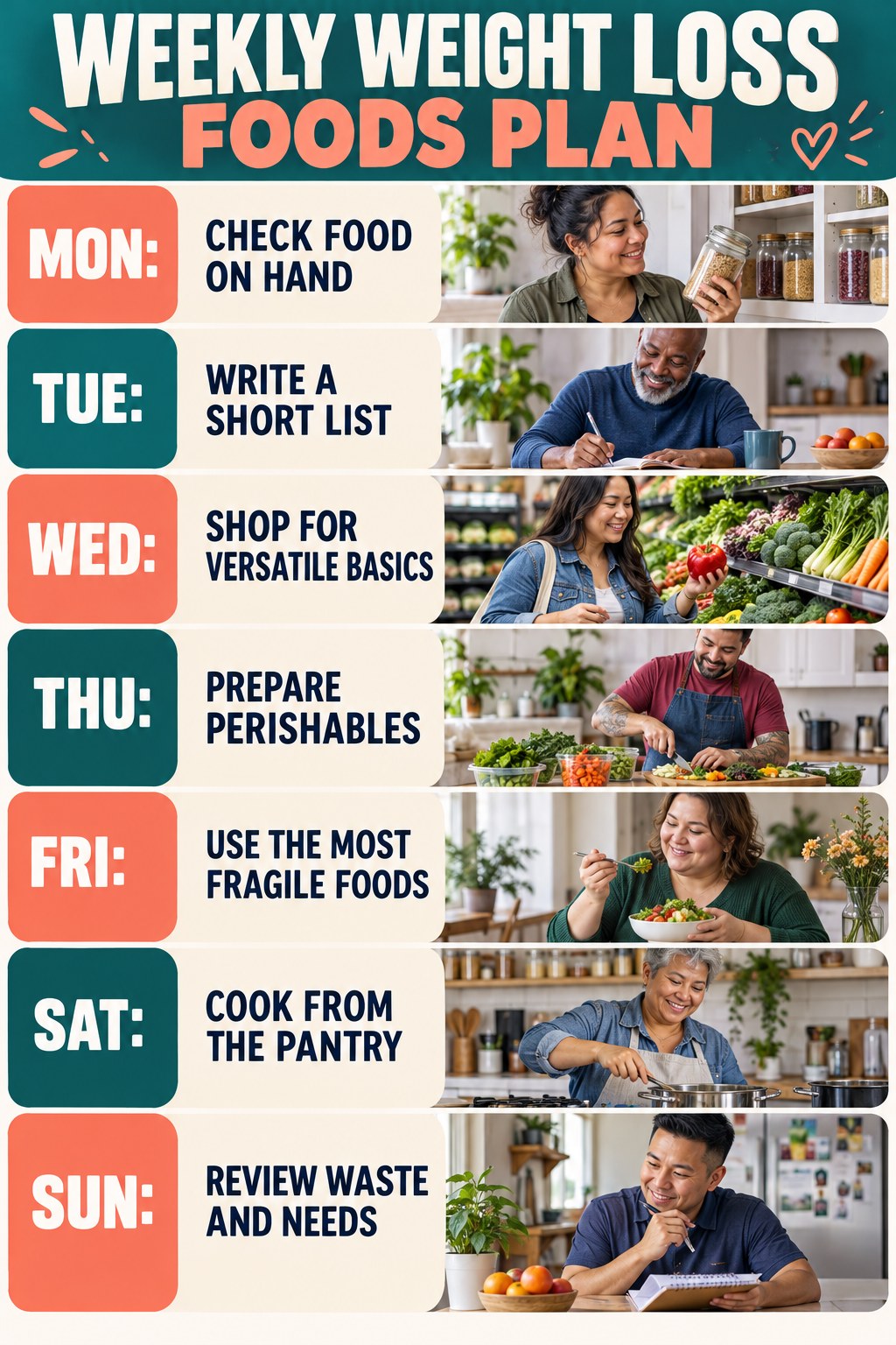 Weekly Weight Loss Foods plan graphic with concise Monday-to-Sunday actions and flexible recovery guidance.