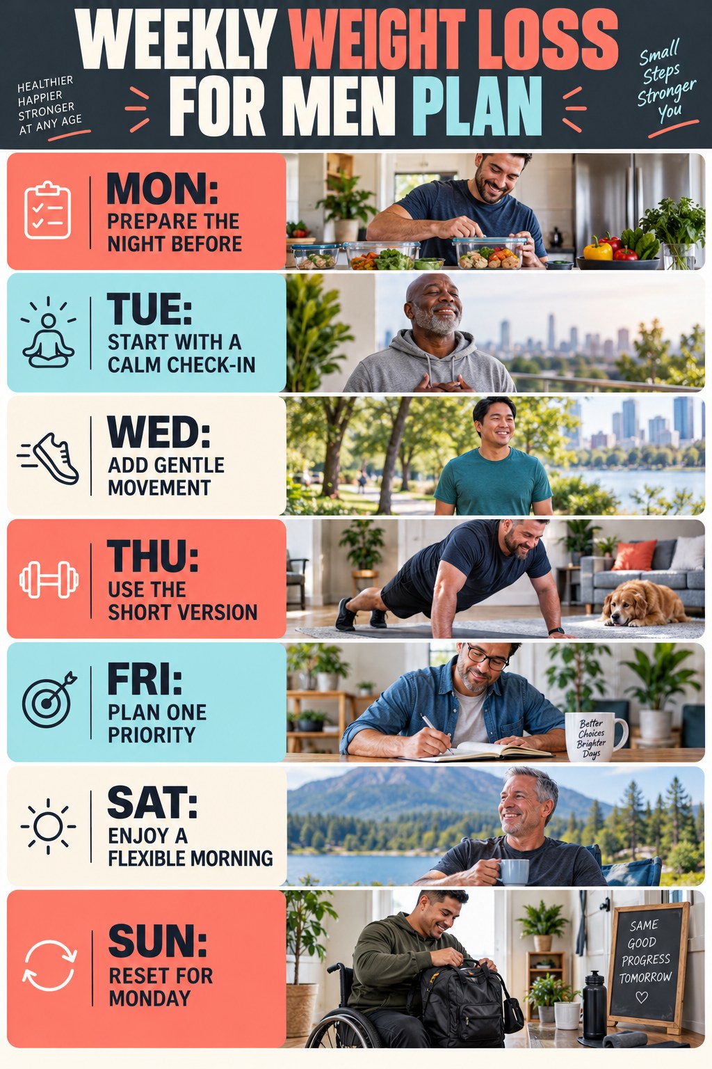 Weekly Weight Loss for Men plan graphic with concise Monday-to-Sunday actions and flexible recovery guidance.