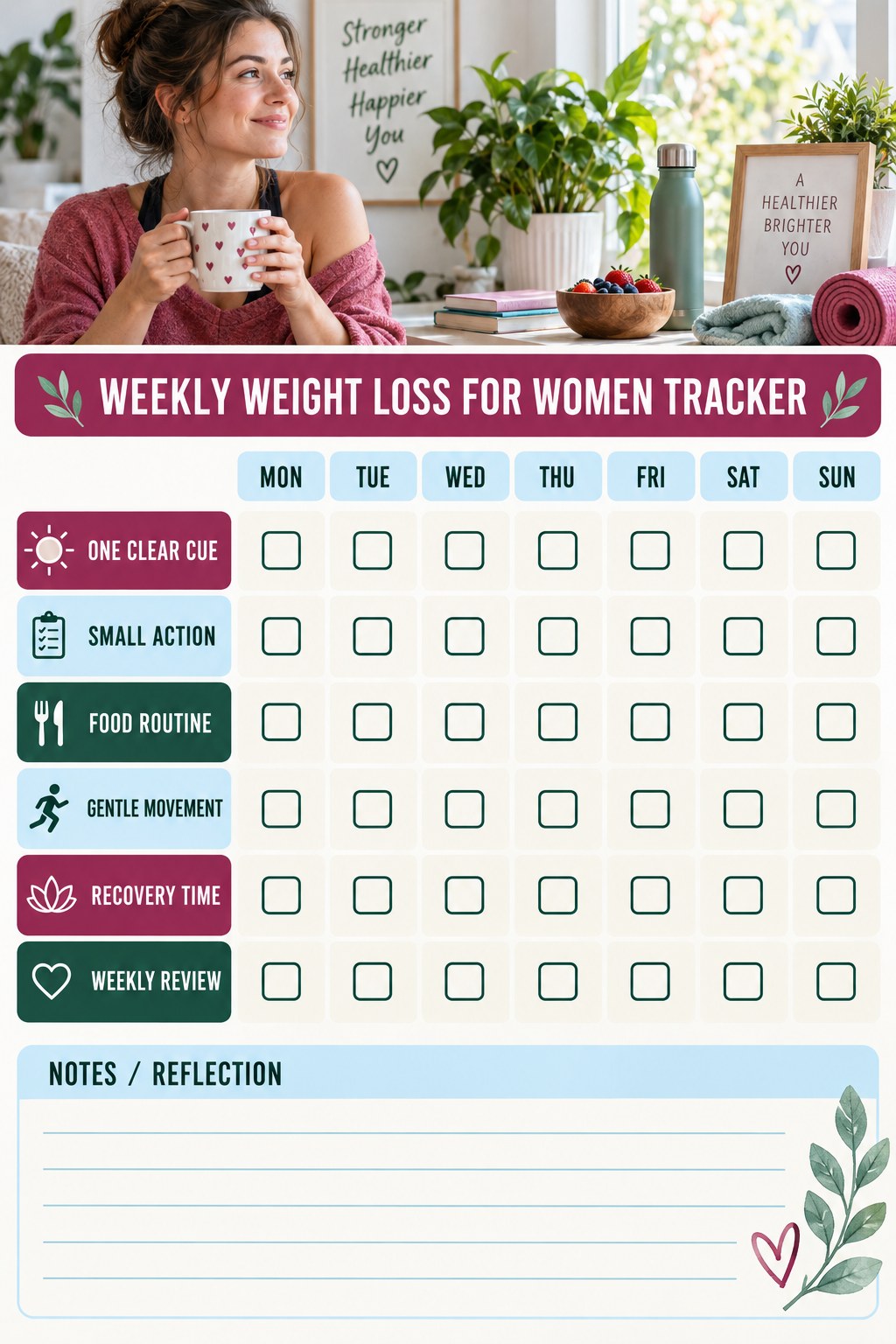 Weekly Weight Loss for Women printable-style tracker graphic with six labeled rows, empty checkboxes, and a reflection area.