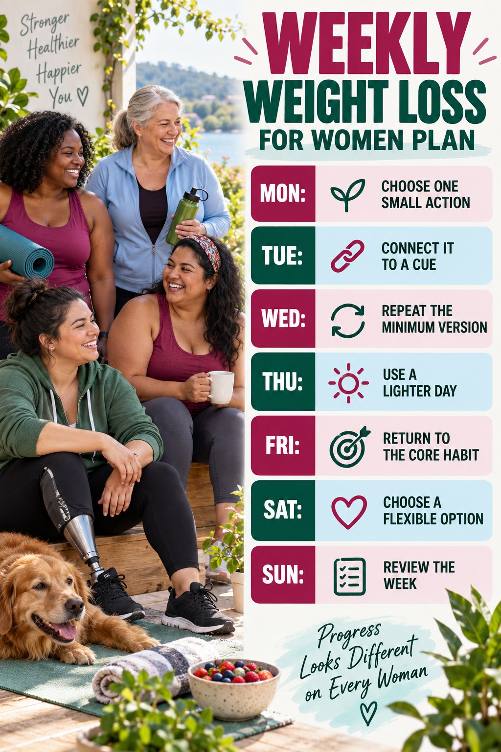 Weekly Weight Loss for Women plan graphic with concise Monday-to-Sunday actions and flexible recovery guidance.