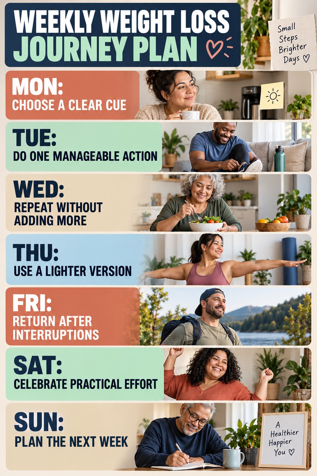 Weekly Weight Loss Journey plan graphic with concise Monday-to-Sunday actions and flexible recovery guidance.