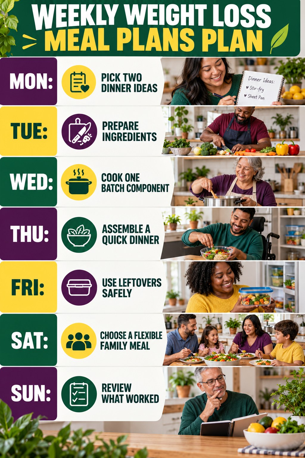 Weekly Weight Loss Meal Plans plan graphic with concise Monday-to-Sunday actions and flexible recovery guidance.