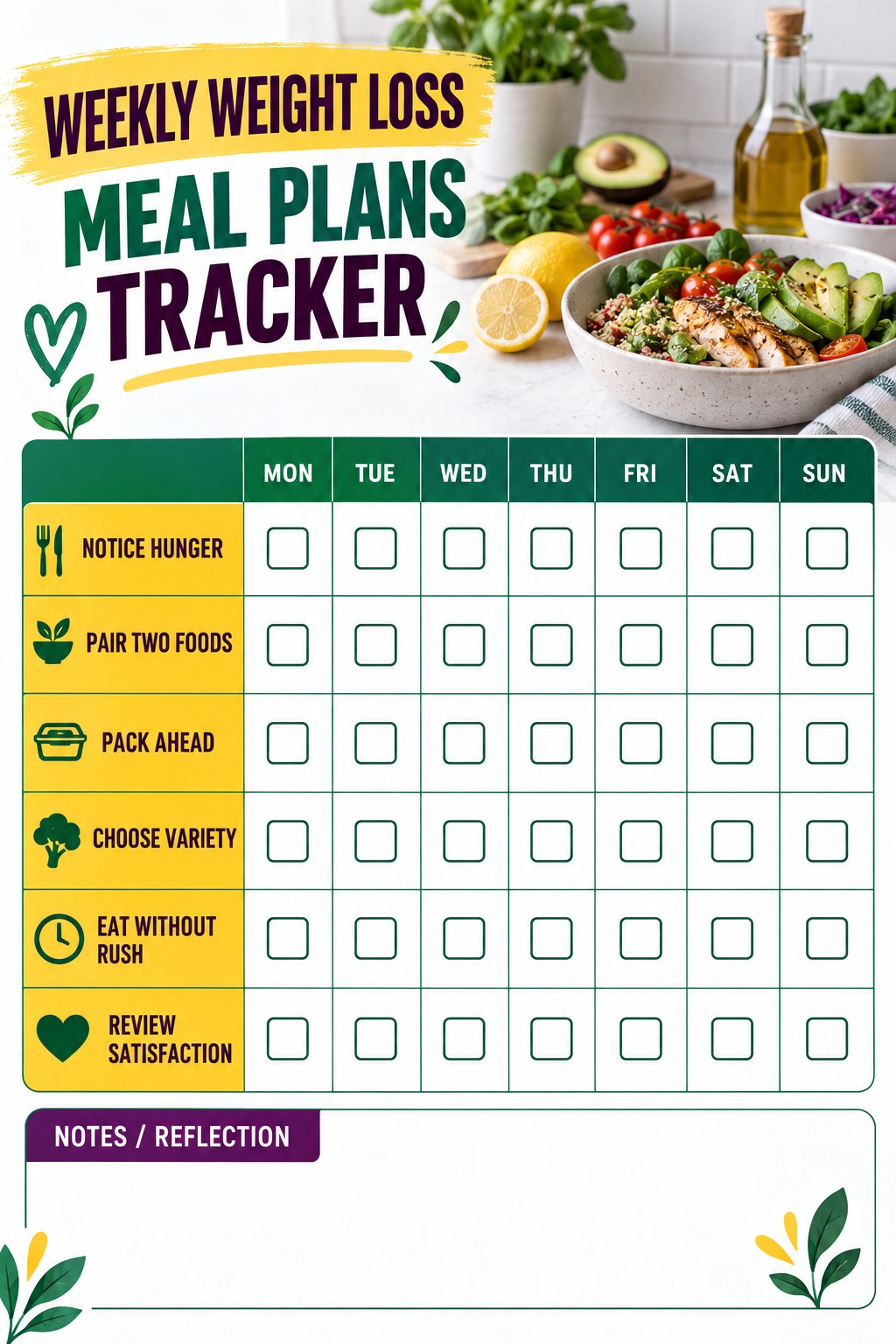 Weekly Weight Loss Meal Plans printable-style tracker graphic with six labeled rows, empty checkboxes, and a reflection area.