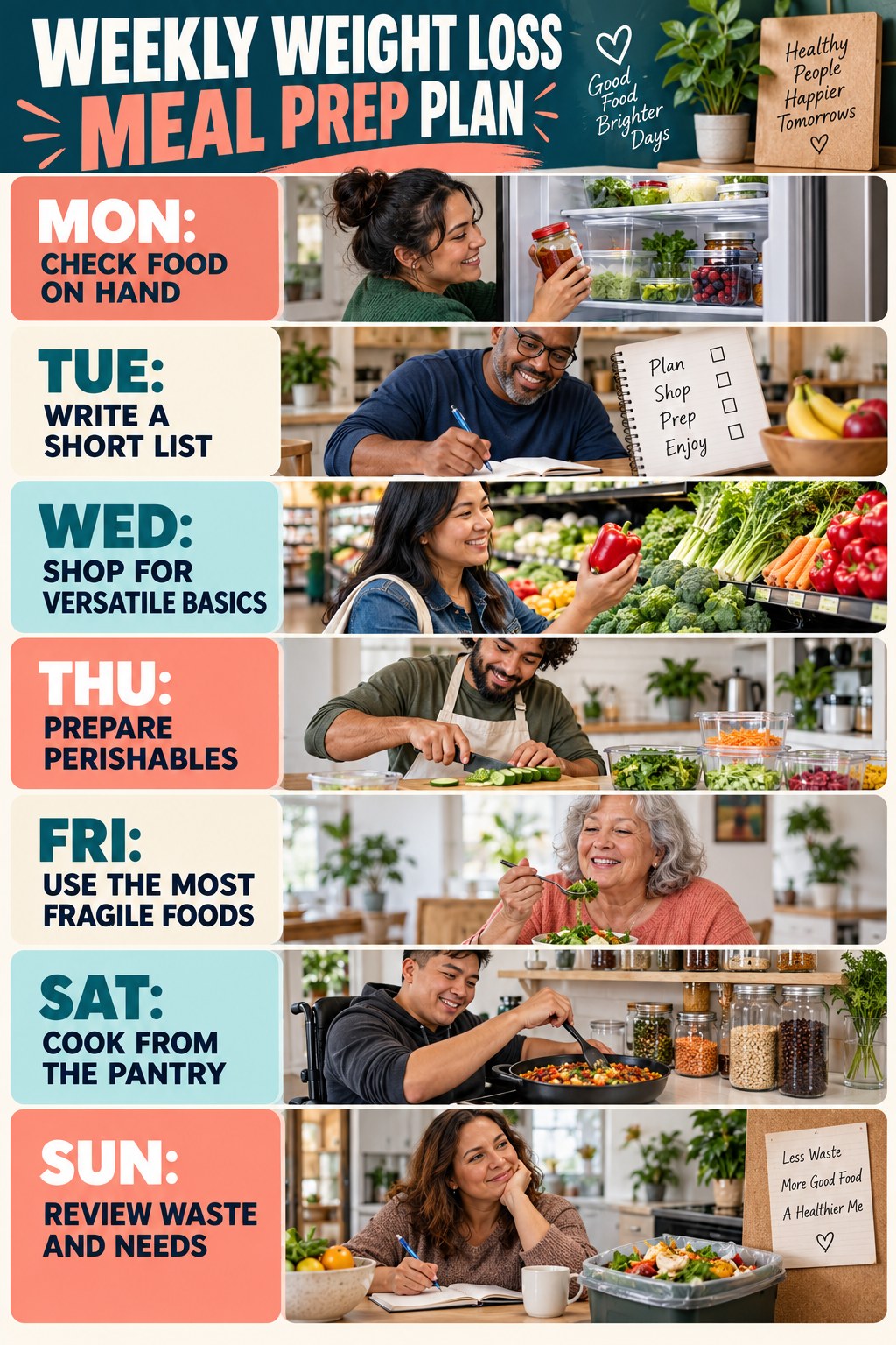 Weekly Weight Loss Meal Prep plan graphic with concise Monday-to-Sunday actions and flexible recovery guidance.