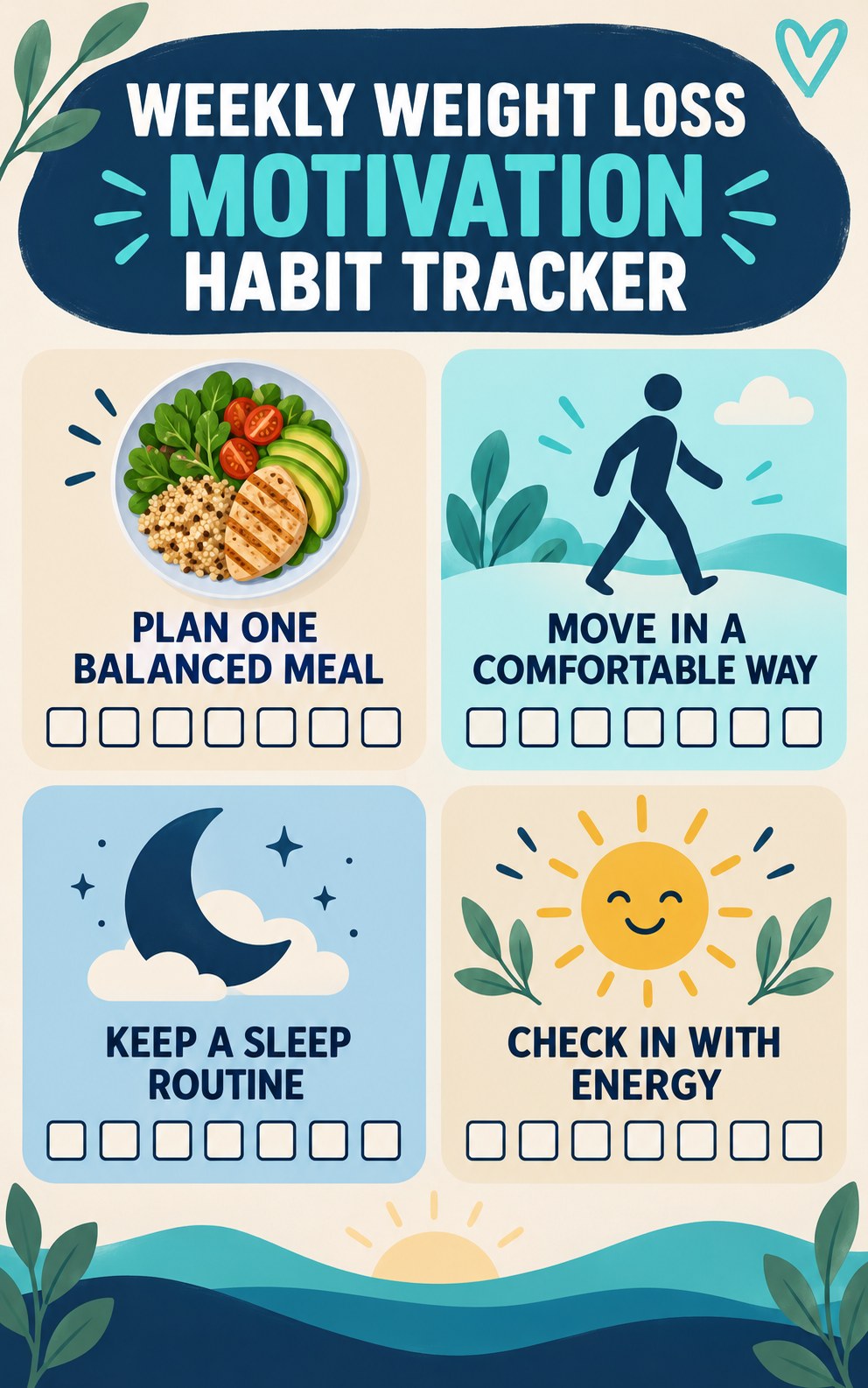Weekly Weight Loss Motivation Habit Tracker infographic with checkboxes for plan one balanced meal, move in a comfortable way, keep a sleep routine, check in with energy.