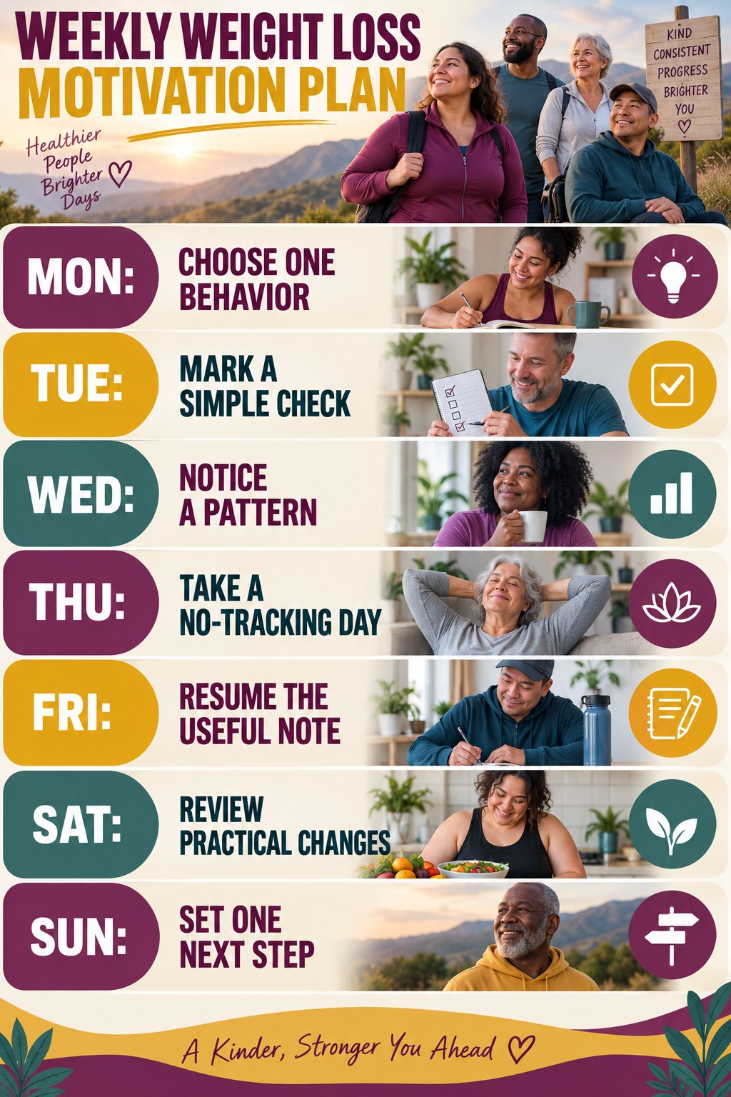 Weekly Weight Loss Motivation plan graphic with concise Monday-to-Sunday actions and flexible recovery guidance.