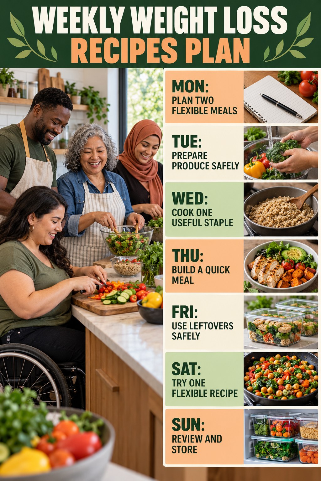 Weekly Weight Loss Recipes plan graphic with concise Monday-to-Sunday actions and flexible recovery guidance.