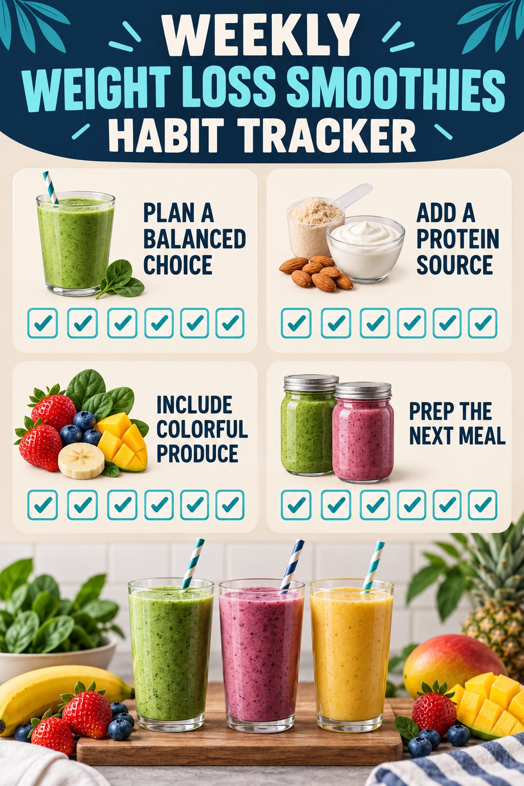 Weekly Weight Loss Smoothies Habit Tracker infographic with checkboxes for plan a balanced choice, add a protein source, include colorful produce, prep the next meal.