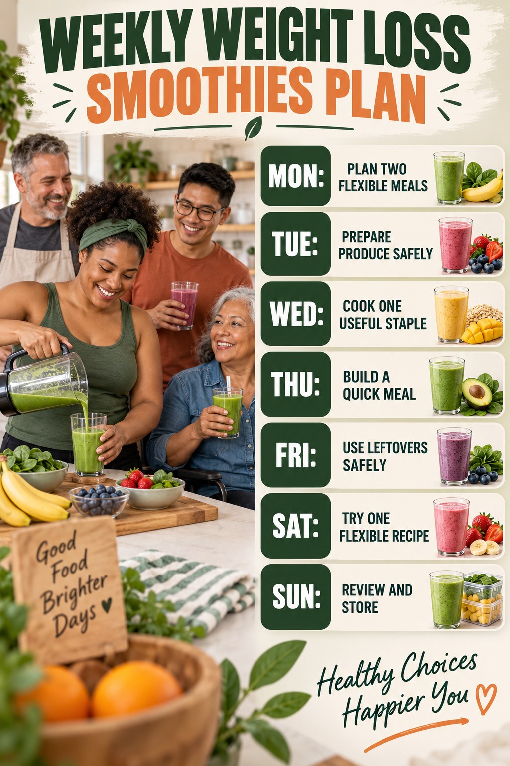 Weekly Weight Loss Smoothies plan graphic with concise Monday-to-Sunday actions and flexible recovery guidance.