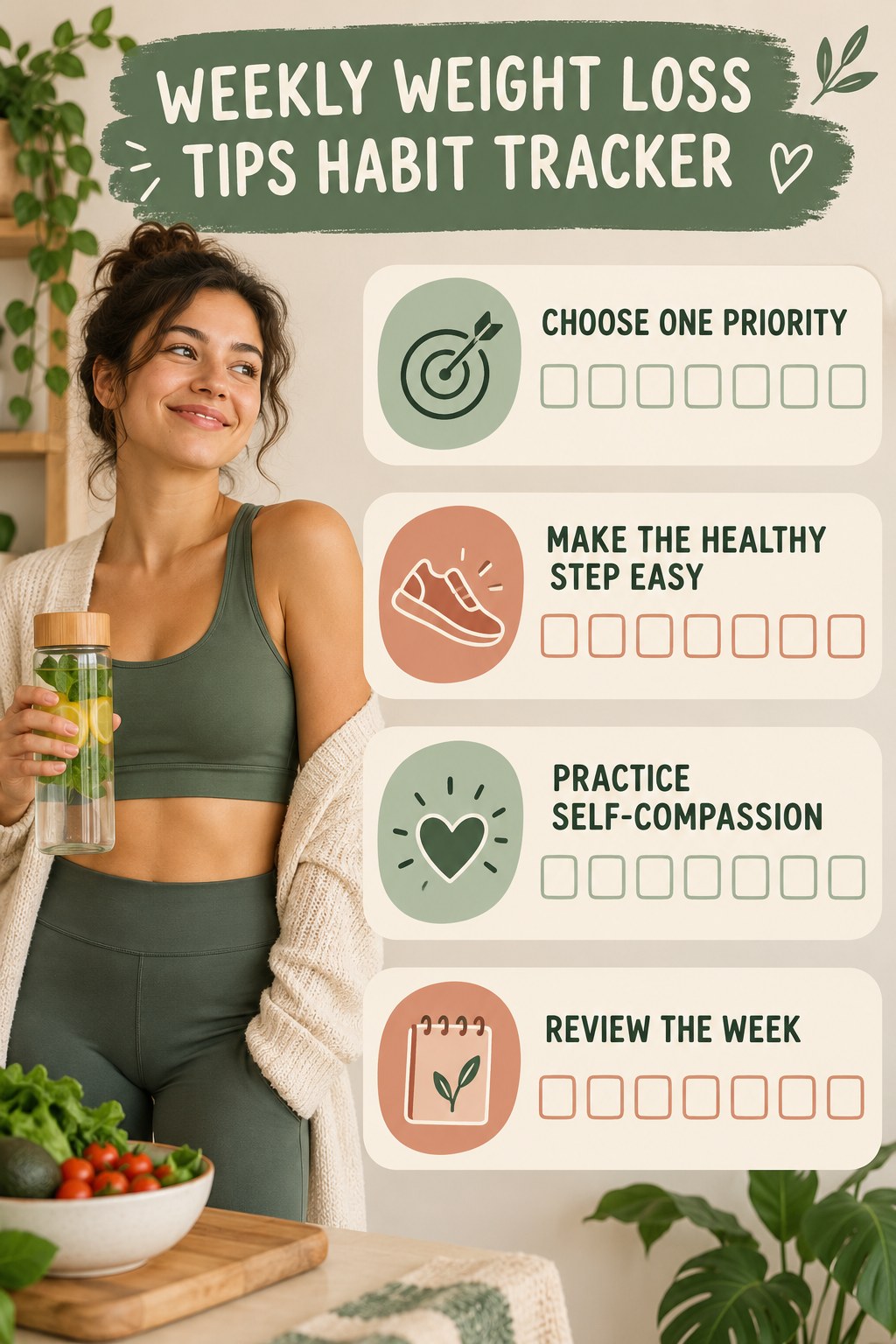 Weekly Weight Loss Tips Habit Tracker infographic with checkboxes for choose one priority, make the healthy step easy, practice self-compassion, review the week.