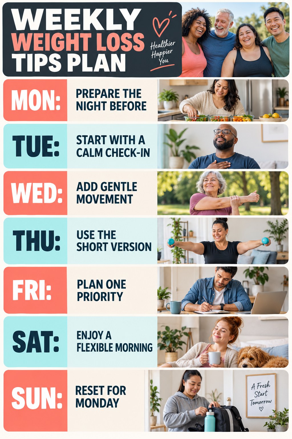 Weekly Weight Loss Tips plan graphic with concise Monday-to-Sunday actions and flexible recovery guidance.